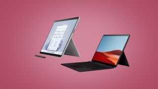 Microsoft Surface Pro 9 and Pro X on a pink background